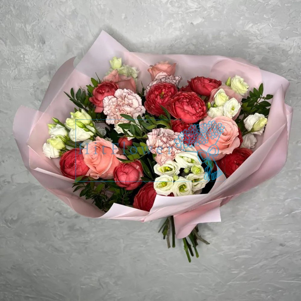 Букет цветов из: Розы, Гвоздики и Лизиантусы